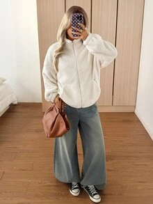 SHEIN EZwear 女款純色拉鍊休閒百搭長袖夾克，適合日常居家、旅行，奶油白，秋季 - 白色 - 查看 4
