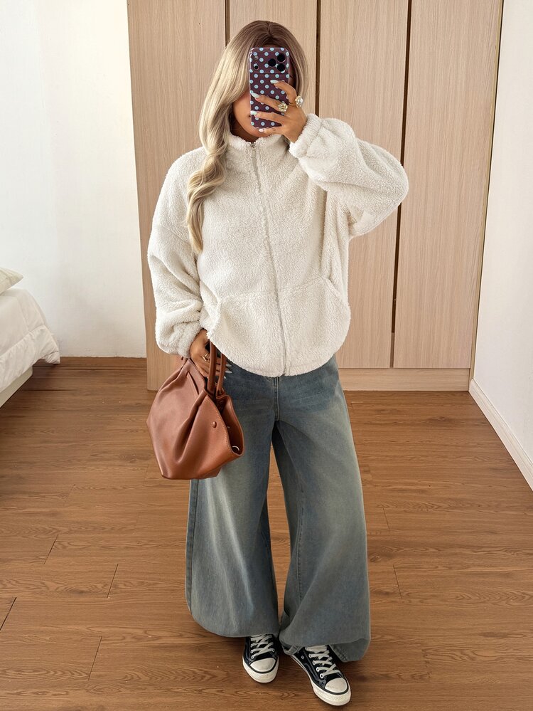 SHEIN EZwear جاكيت نسائي بلون موحد بسحاب كاجوال متعدد الاستخدامات يومي للسفر والمنزل بأكمام طويلة لون كريمي أبيض للخريف - أبيض - مشاهدة 4
