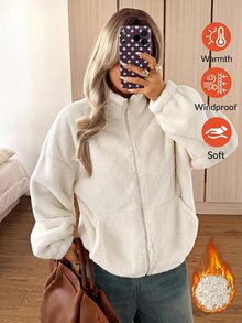 SHEIN EZwear 女款純色拉鍊休閒百搭長袖夾克，適合日常居家、旅行，奶油白，秋季 - 白色 - 查看 9