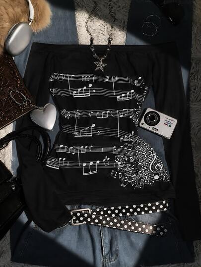 IslaSuriya Top negru vintage pentru femei cu umeri descoperiți și mânecă lungă, tricou slim-fit cu imprimeu note muzicale; stil retro Y2K, ținută de început de școală, cadou de sărbători