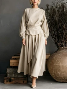 SHEIN Beige Textured Two Pieces Set Lantern Sleeve Belted Top & Asymmetrical Long Skirt For Women - Apricot - View 6