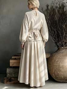 SHEIN Beige Textured Two Pieces Set Lantern Sleeve Belted Top & Asymmetrical Long Skirt For Women - Apricot - View 2