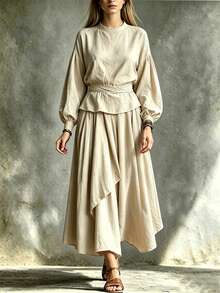 SHEIN Beige Textured Two Pieces Set Lantern Sleeve Belted Top & Asymmetrical Long Skirt For Women - Apricot - View 3