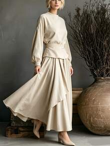 SHEIN Beige Textured Two Pieces Set Lantern Sleeve Belted Top & Asymmetrical Long Skirt For Women - Apricot - View 5