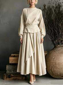 SHEIN Beige Textured Two Pieces Set Lantern Sleeve Belted Top & Asymmetrical Long Skirt For Women - Apricot - View 1