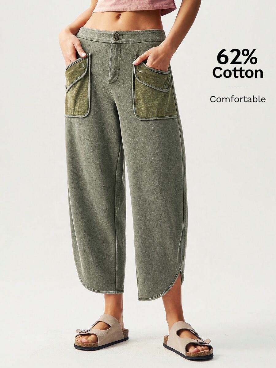 Bohemela Women's Casual Cropped Pants With Dual Pocket Design - Dark Green - View 1