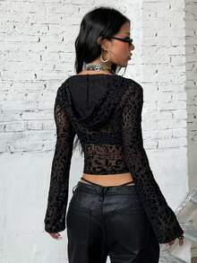 Jeanoix Leopard Print Zip Up Sheer Mesh Zip Up Hooded Crop Shirt Halloween Night Club Black Summer Sexy - Black - View 2