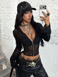 Jeanoix Leopard Print Zip Up Sheer Mesh Zip Up Hooded Crop Shirt Halloween Night Club Black Summer Sexy - Black - View 8