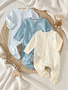 SHEIN 3件組新生兒男嬰女嬰連身衣 日常休閒款 藍色奶油色星星條紋印花 長袖包腳連身褲 多件裝 柔軟標準版 秋冬穿著 - 藍色 - 查看 9