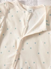 SHEIN 3件組新生兒男嬰女嬰連身衣 日常休閒款 藍色奶油色星星條紋印花 長袖包腳連身褲 多件裝 柔軟標準版 秋冬穿著 - 藍色 - 查看 6