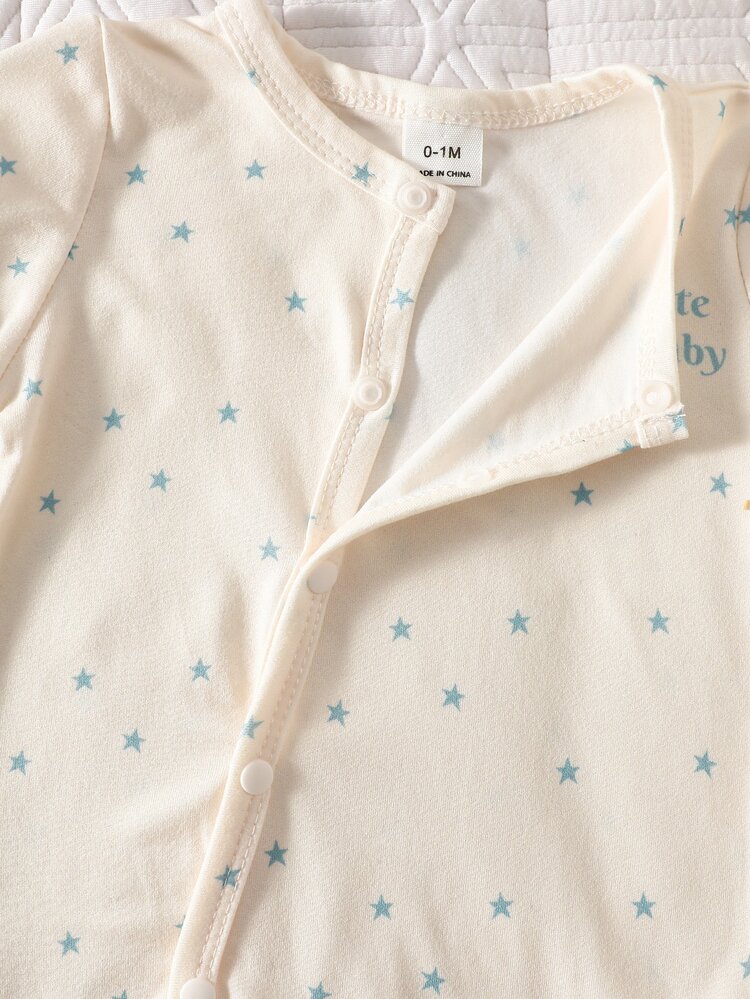 SHEIN 3件組新生兒男嬰女嬰連身衣 日常休閒款 藍色奶油色星星條紋印花 長袖包腳連身褲 多件裝 柔軟標準版 秋冬穿著 - 藍色 - 查看 6