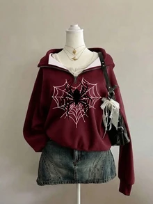 青少年女孩美式復古酒紅色拉鍊連帽短版運動衫，適合秋冬，個性印花上衣，拉鍊連帽短版運動衫，寬鬆俐落版型，日常穿著，休閒穿搭，舒適易穿，休閒版型，簡約基本款，日常休閒 - 彩色 - 查看 2