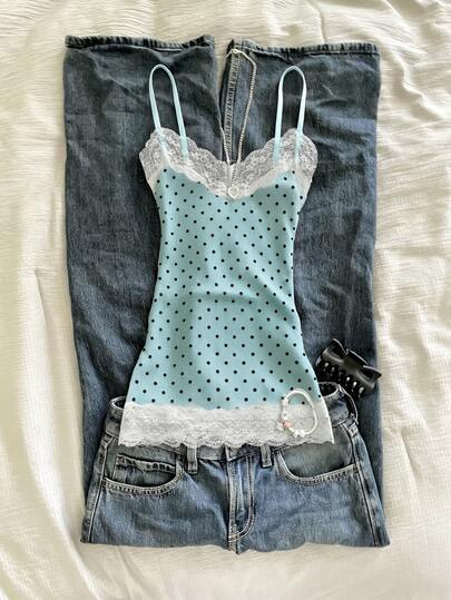 IslaSuriya Women's Lace Patchwork Polka Dot Print Fitted Camisole