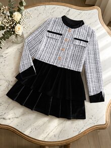 SHEIN 青少年女孩優雅格紋粗花呢夾克與分層天鵝絨裙兩件套，學院風長袖鈕扣上衣套裝，適合派對穿著 - 白色 - 查看 7