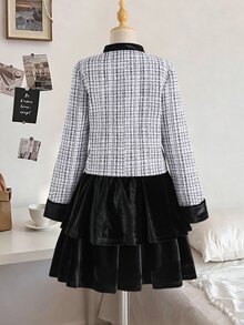 SHEIN 青少年女孩優雅格紋粗花呢夾克與分層天鵝絨裙兩件套，學院風長袖鈕扣上衣套裝，適合派對穿著 - 白色 - 查看 2