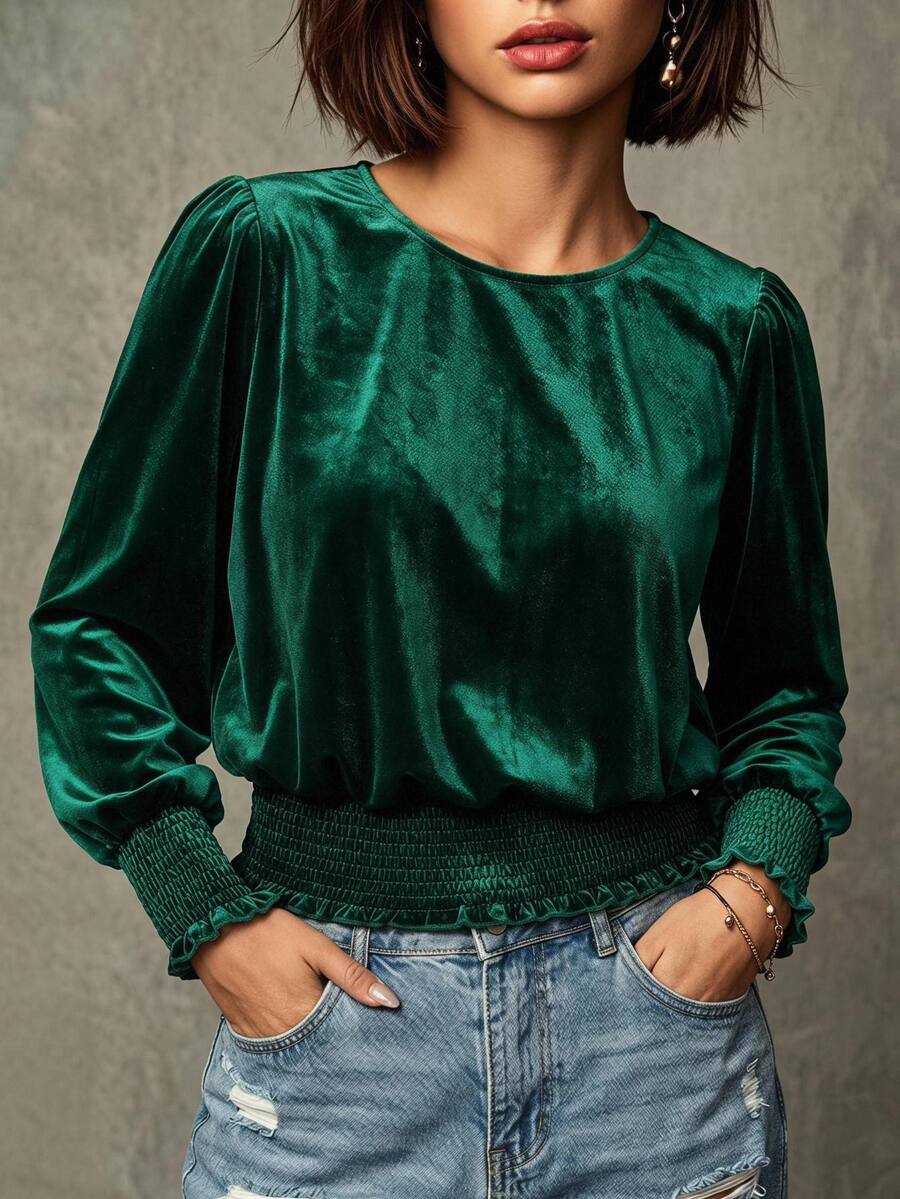 Comfylo Plus Size Women Solid Color Round Neck Long Sleeve Shirred Hem Fashion Blouse Fall