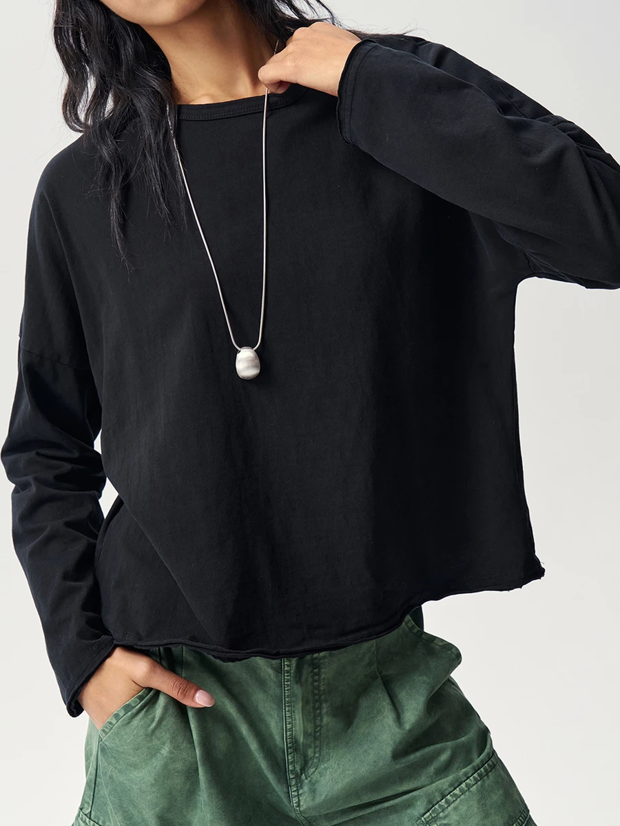 Bohemela Casual Solid Color Knitted Loose Washed Women's T-Shirt Everyday Black Autumn - Black - View 1