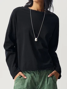 Bohemela Casual Solid Color Knitted Loose Washed Women's T-Shirt Everyday Black Autumn - Black - View 3