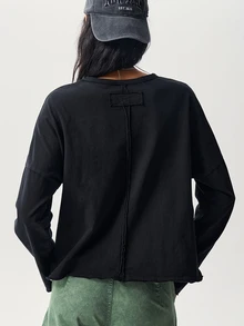 Bohemela Casual Solid Color Knitted Loose Washed Women's T-Shirt Everyday Black Autumn - Black - View 4