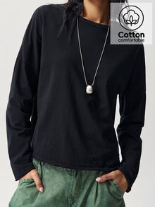 Bohemela Casual Solid Color Knitted Loose Washed Women's T-Shirt Everyday Black Autumn - Black - View 2