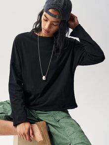 Bohemela Casual Solid Color Knitted Loose Washed Women's T-Shirt Everyday Black Autumn - Black - View 5