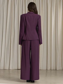 Aloruh Women's Solid Color V-Neck Long Sleeve Jacket And Pants Casual Commute Suit Set - Purple - View 2