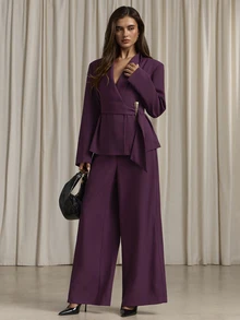 Aloruh Women's Solid Color V-Neck Long Sleeve Jacket And Pants Casual Commute Suit Set - Purple - View 3