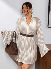Lounesse Plus Size Women's Striped Design Fashion Plus Size Open Front Design Fashion Plus Size Dress Casual Daily Going Out Dress For Women Office Work Dress - Apricot - View 10