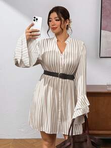 Lounesse Plus Size Women's Striped Design Fashion Plus Size Open Front Design Fashion Plus Size Dress Casual Daily Going Out Dress For Women Office Work Dress - Apricot - View 3