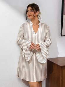 Lounesse Plus Size Women's Striped Design Fashion Plus Size Open Front Design Fashion Plus Size Dress Casual Daily Going Out Dress For Women Office Work Dress - Apricot - View 6