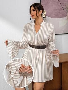 Lounesse Plus Size Women's Striped Design Fashion Plus Size Open Front Design Fashion Plus Size Dress Casual Daily Going Out Dress For Women Office Work Dress - Apricot - View 2