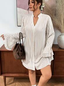 Lounesse Plus Size Women's Striped Design Fashion Plus Size Open Front Design Fashion Plus Size Dress Casual Daily Going Out Dress For Women Office Work Dress - Apricot - View 9