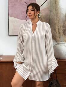 Lounesse Plus Size Women's Striped Design Fashion Plus Size Open Front Design Fashion Plus Size Dress Casual Daily Going Out Dress For Women Office Work Dress - Apricot - View 7
