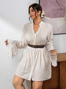 Lounesse Plus Size Women's Striped Design Fashion Plus Size Open Front Design Fashion Plus Size Dress Casual Daily Going Out Dress For Women Office Work Dress - Apricot - View 5