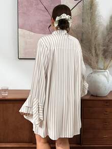 Lounesse Plus Size Women's Striped Design Fashion Plus Size Open Front Design Fashion Plus Size Dress Casual Daily Going Out Dress For Women Office Work Dress - Apricot - View 4