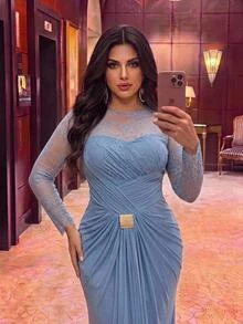 Glamrae Plus Size Elegant Luxurious Sequin & Bead Elastic Lace Patchwork Knit Mesh Ruched Metal Buckle Twisted Slit Fishtail Skirt With Large Hem And Halter Neck, Suitable For Wedding, Event, Bachelorette Party, Vacation, Prom, Evening Gala Dress (Heavy Workmanship Style) - Blue - View 7