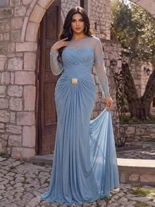 Glamrae Plus Size Elegant Luxurious Sequin & Bead Elastic Lace Patchwork Knit Mesh Ruched Metal Buckle Twisted Slit Fishtail Skirt With Large Hem And Halter Neck, Suitable For Wedding, Event, Bachelorette Party, Vacation, Prom, Evening Gala Dress (Heavy Workmanship Style) - Blue - View 1