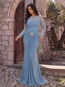 Glamrae Plus Size Elegant Luxurious Sequin & Bead Elastic Lace Patchwork Knit Mesh Ruched Metal Buckle Twisted Slit Fishtail Skirt With Large Hem And Halter Neck, Suitable For Wedding, Event, Bachelorette Party, Vacation, Prom, Evening Gala Dress (Heavy Workmanship Style) - Blue - View 3