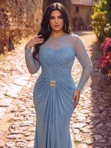Glamrae Plus Size Elegant Luxurious Sequin & Bead Elastic Lace Patchwork Knit Mesh Ruched Metal Buckle Twisted Slit Fishtail Skirt With Large Hem And Halter Neck, Suitable For Wedding, Event, Bachelorette Party, Vacation, Prom, Evening Gala Dress (Heavy Workmanship Style) - Blue - View 2