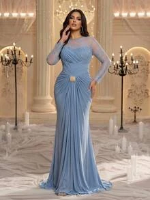 Glamrae Plus Size Elegant Luxurious Sequin & Bead Elastic Lace Patchwork Knit Mesh Ruched Metal Buckle Twisted Slit Fishtail Skirt With Large Hem And Halter Neck, Suitable For Wedding, Event, Bachelorette Party, Vacation, Prom, Evening Gala Dress (Heavy Workmanship Style) - Blue - View 6