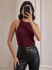 BizChic 女款掛脖針織背心，酒紅色配對比滾邊，都市通勤商務休閒極簡基本款，夏季優雅穿搭，萬聖節適用 - 酒紅色 - 查看 2