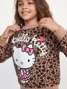 Maija Kids HELLO KITTY AND FRIENDS | SHEIN Maija Kids 青少年女孩休閒時尚豹紋落肩寬鬆短版毛衣長袖，百搭風格，適合日常穿著與拍照穿搭 - 咖啡棕 - 查看 4