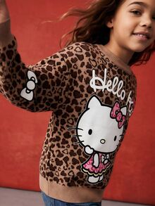 Maija Kids HELLO KITTY AND FRIENDS | SHEIN Maija Kids 青少年女孩休閒時尚豹紋落肩寬鬆短版毛衣長袖，百搭風格，適合日常穿著與拍照穿搭 - 咖啡棕 - 查看 2