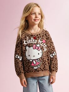 Maija Kids HELLO KITTY AND FRIENDS | SHEIN Maija Kids 青少年女孩休閒時尚豹紋落肩寬鬆短版毛衣長袖，百搭風格，適合日常穿著與拍照穿搭 - 咖啡棕 - 查看 1