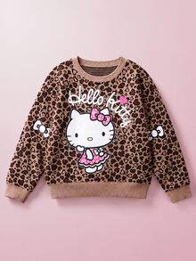 Maija Kids HELLO KITTY AND FRIENDS | SHEIN Maija Kids 青少年女孩休閒時尚豹紋落肩寬鬆短版毛衣長袖，百搭風格，適合日常穿著與拍照穿搭 - 咖啡棕 - 查看 6