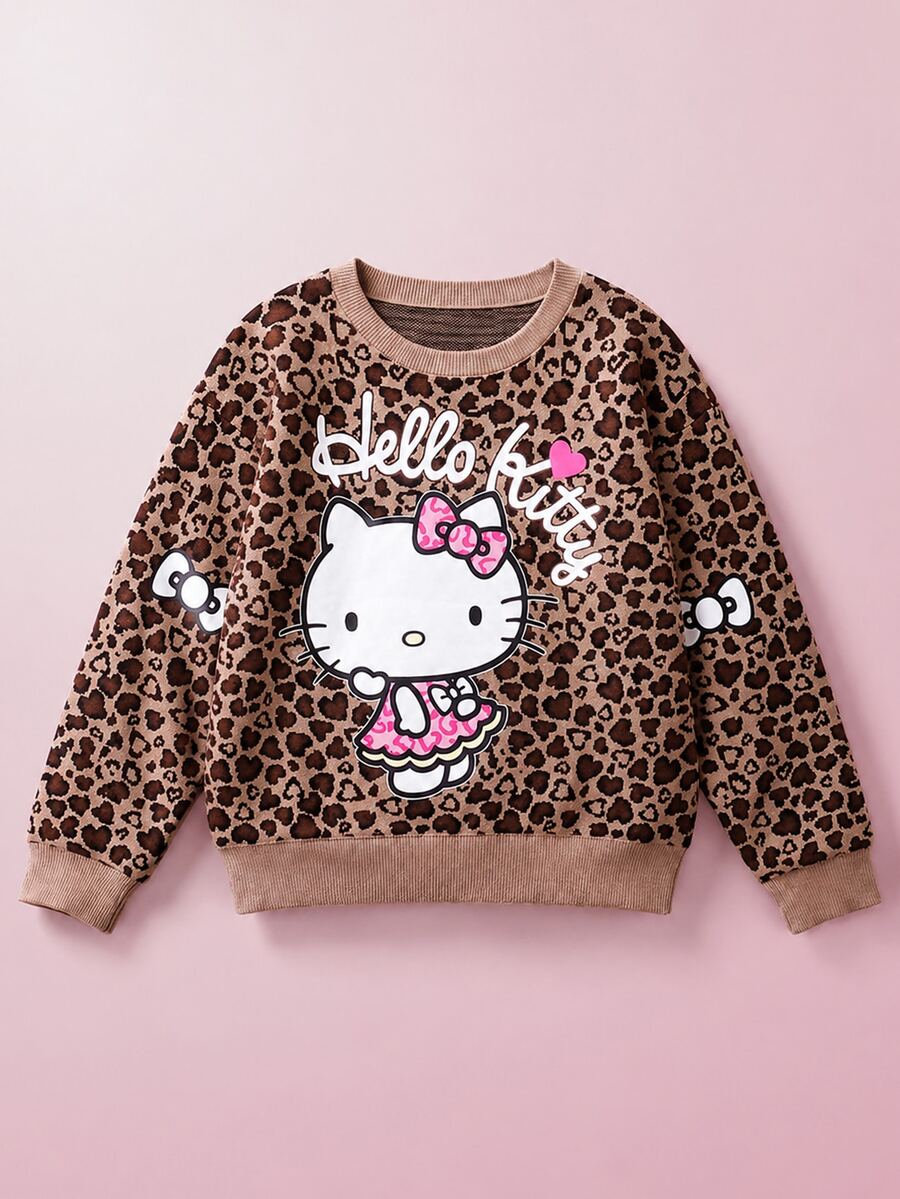 Maija Kids HELLO KITTY AND FRIENDS | SHEIN Maija Kids 兒童青少年女孩休閒時尚豹紋露肩寬鬆短版秋季長袖毛衣,百搭風格,適合日常穿著與搭配 - 咖啡棕 - 查看 1
