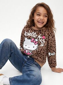 Maija Kids HELLO KITTY AND FRIENDS | SHEIN Maija Kids 青少年女孩休閒時尚豹紋落肩寬鬆短版毛衣長袖，百搭風格，適合日常穿著與拍照穿搭 - 咖啡棕 - 查看 3