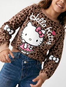 Maija Kids HELLO KITTY AND FRIENDS | SHEIN Maija Kids 青少年女孩休閒時尚豹紋落肩寬鬆短版毛衣長袖，百搭風格，適合日常穿著與拍照穿搭 - 咖啡棕 - 查看 5