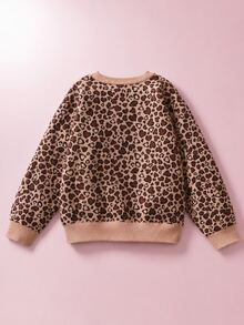 Maija Kids HELLO KITTY AND FRIENDS | SHEIN Maija Kids 青少年女孩休閒時尚豹紋落肩寬鬆短版毛衣長袖，百搭風格，適合日常穿著與拍照穿搭 - 咖啡棕 - 查看 7