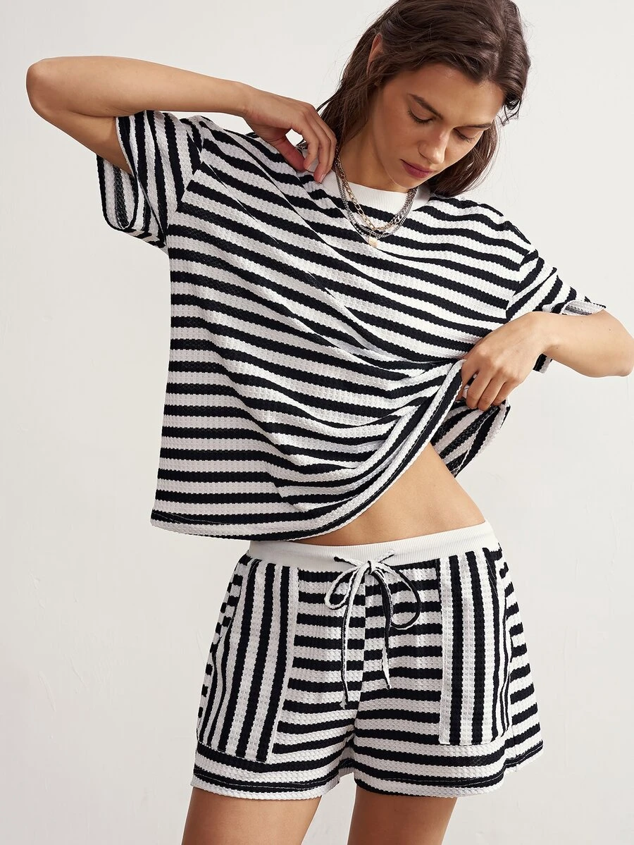 Bohemela Casual Solid Color Knit Loose Tank Top & Long Pants Women 2 Pieces Set - Black and White - View 1